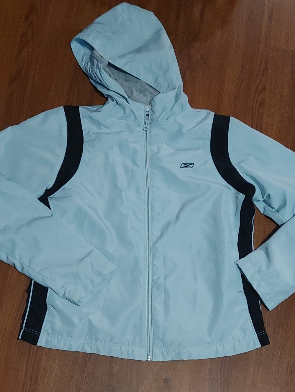 Reebok Light Pale Blue and Black Hooded Bomber Jacket SZ Med